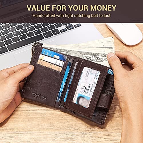 gzcz Chain Wallets for Men with Zipper Genuine Leather Bifold Rfid Blocking Card Holder Coin Pocket Wallet - Thumbnail 5