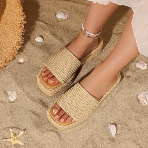 Erocalli Wedge Sandals for Women Espadrilles Platform Sandals Brown Summer Beach Sandals Raffia Sandals Comfortable Open Toe Dressy Sandal Size 10 - Thumbnail 4