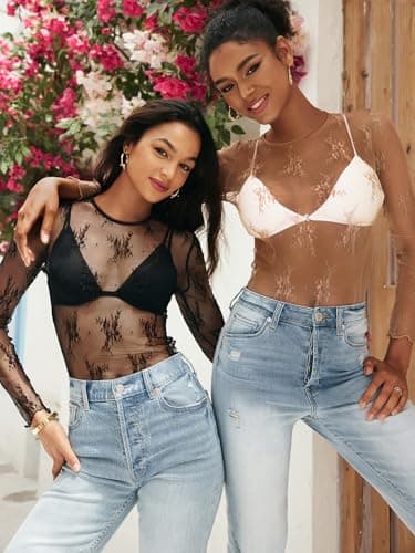 MEROKEETY Womens Long Sleeve Lace Sheer Mesh Top 2025 Crewneck Sexy Y2k See Through Going Out Blouse Shirts, Black, XX-Large - Thumbnail 2