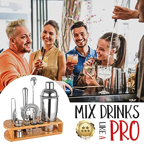 Cocktail Shaker Set Bartender Kit : 12-Piece Bar Tool Set with Bamboo Stand | Bar Set with All Practical Bar Accessories, for Drink Mixing, Bar, Home, Lounge & Party (Silver) - Thumbnail 5