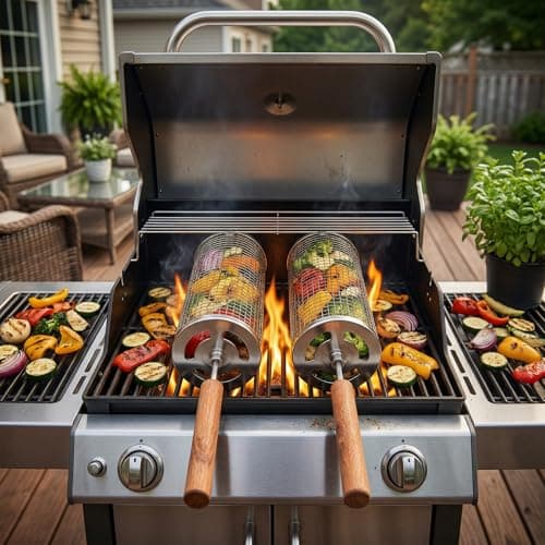 8-Piece BBQ Set,2 Rolling Grill Baskets for Effortless Flipping,Grilling Tools or Fish, Shrimp, Meat, Vegetables,Outdoor Camping Grilling Accessories Bundled with Oil Bottle, Forks,Cleaning Brush Ect - Image 1