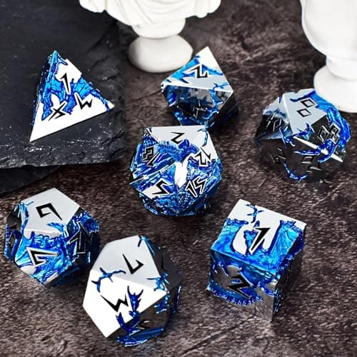 Rule Dice - D&D Dice Set, Metal Dice Sets, Dungeons and Dragons Dice Set with Gift Box, D20 D4 D12 D10 D% D8 D6, Blue Dragon Style Gaming DND Dice for MTG RPG TTPRG (Silver Black) - Thumbnail 6