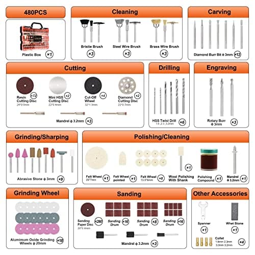 480Pcs Rotary Tool Accessories Kit, GOXAWEE 1/8 inch Shank Rotary Tool Accessory Set, Multi Purpose Universal Kit for Cutting, Drilling, Grinding, Polishing, Engraving & Sanding - Thumbnail 6