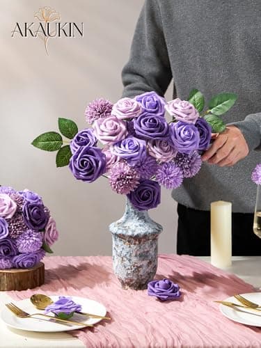Purple Artificial Flowers Combo, Fake Silk Dahlia Roses, Chrysanthemum Ball with Stems for Wedding Bridal Bouquets, Baby Shower, Party, Table Centerpieces, Home Decor & DIY Floral Arrangements - Thumbnail 5