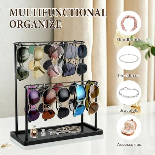 Himake Sunglasses Organizer Glasses Holder Stand with Wood Base, 2 Tier Eye Glasses Display, Sunglass Storage Rack for Multiple Glasses, for Desk, Nightstand, Dresser, Vanity, Metal, Balck - Thumbnail 2