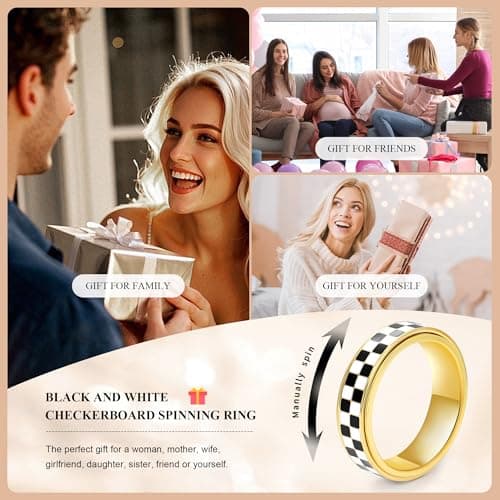 Mothers Day Gifts for Mom Daughter-Checkered Fidget Ring for Anxiety Relief,Silent Spinning Jewelry,Black & White Pattern Stainless Steel 18K Gold Plated Thumb Spinner Jewelry for Men Women Size 5-11 - Thumbnail 5