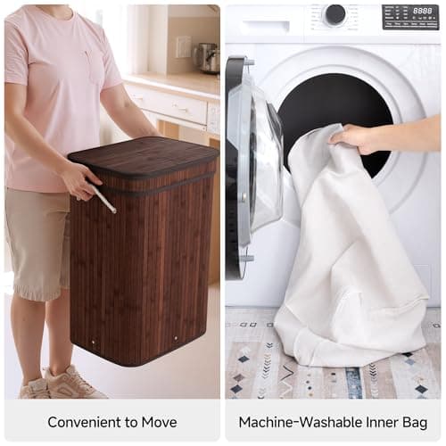 StorageWorks Laundry Hamper with Lid, Foldable Bamboo Laundry Basket, Clothes Hamper with Handles, Organizer and Storage for Laundry Room, Bedroom, Dorm, Brown - Thumbnail 3