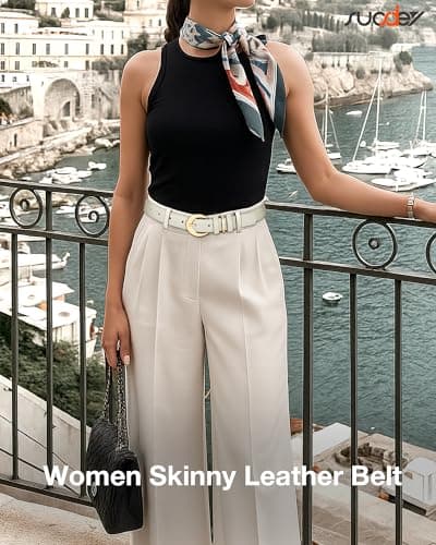 SUOSDEY Women Leather Belt for Jeans Pants Fashion Ladies Skinny Dress Waist Belt with Gold Buckle,0.9" Width,off-white belt - Thumbnail 4