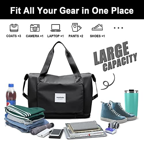 WOOMADA Foldable Travel Duffel, Weekender Bag with Expandable Space, Carry-On for Airplanes, Gym Bag for Women, Lightweight (Black) - Thumbnail 3
