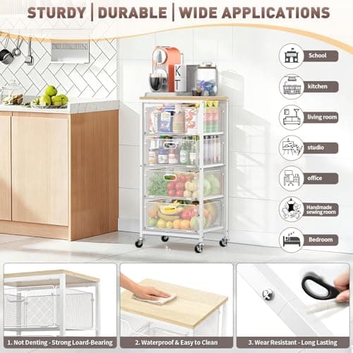 SUNALLY Rolling Kitchen Cart with Drawers, 4-Tier Utility Cart Fruit Vegetable Storage Cart with Lockable Wheels, Wooden Top Metal Kitchen Storage Organizer for Cans, Snacks, Beauty, Craft, Art, White - Thumbnail 3
