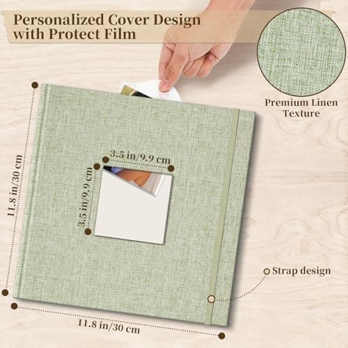 Vienrose Scrapbook Album 12" x 12", Large Linen Photo Album with Writing Space, DIY Scrapbook Supplies for Wedding, Baby, Family Memories & Travel (50 sheets / 100 pages, Grass Green) - Thumbnail 2