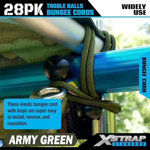 XSTRAP STANDARD 28 Pack Heavy Duty 9 Inch Ball Bungee Cords, Tarp Tie Down Bungee Balls for Canopy, Tent, Cargo, Wires & Hoses in Army Green - Thumbnail 6