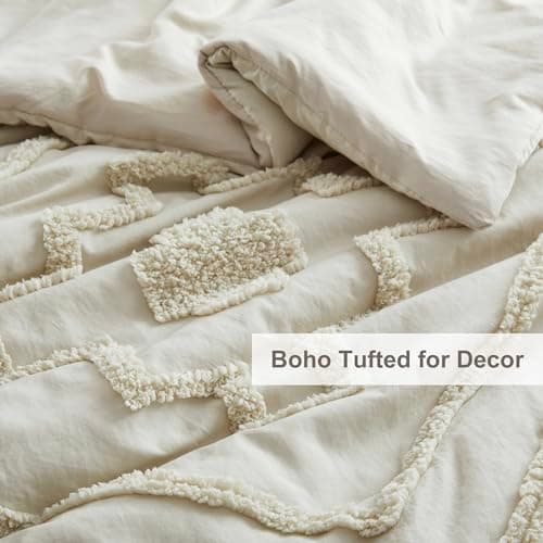 Oli Anderson Boho Tufted Comforter Set Queen Size, 3 Pcs Soft Jacquard Bedding Set for All Seasons, Shabby Chic Farmhouse Bedding Set with Comforters for All Seasons (Beige, Queen) - Thumbnail 3