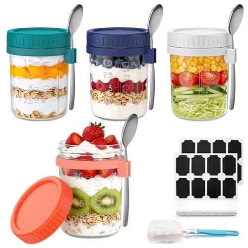 Cozyverge 4 Pack Overnight Oats Containers with Lids and Spoons, 16 oz Airtight Oatmeal Container with Measurement Marks, Overnight Oats Jars for Cereal Fruit Vegetable Milk Salad Yogurt Meal Prep - Image 1