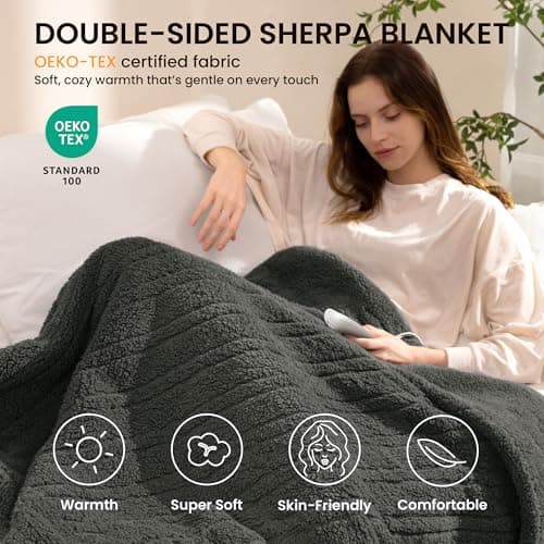 blunique Heated Blanket Electric Blanket Throw - Fast Heating Blanket Throw Double Sided Sherpa Ultra Soft Cozy with 10 Heating Levels & 2-10 Hours Auto Off, Mashine Washable, 50 x 60 Inches, Grey - Thumbnail 2