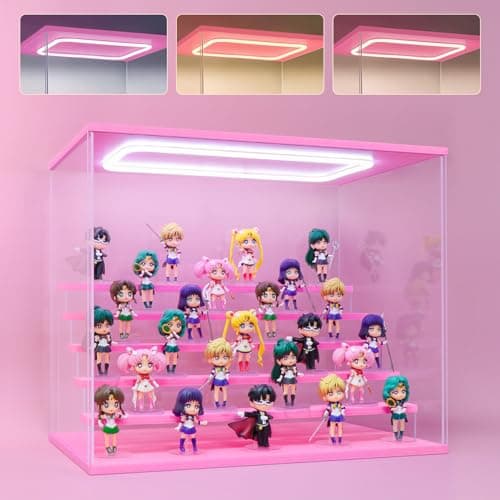 Naconmlet Pink Wood Base Acrylic Display Case for Collectibles, 6-Tier Clear Display Box with Steps for Funko Pop & Action Figures, Dustproof Showcase Organizer, 19.7x12.6x16.5 Inches - Image 1