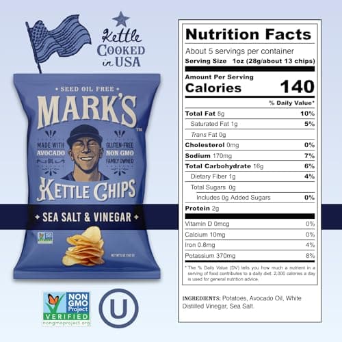 MARK’S Kettle Cooked Avocado Oil Potato Chips, Sea Salt & Vinegar – Gluten Free and Seed Oil Free | Sea Salt and Vinegar, 5 oz (Pack of 3) | Non-GMO, Chips for Clean & Healthy Snacking - Thumbnail 3