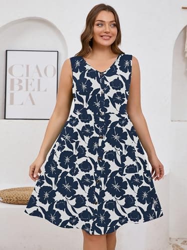 AusLook Plus Size Women Summer Dress Sleeveless V Neck Casual Cute Loose Sundress Peony Silhouette 5X Comfy Swing Button Down Midi Work Flowy Tunic Ladies Beach Vacation Teacher Dresses with Pockets - Thumbnail 5