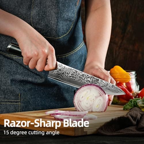 Sunnecko 8 Inch Japanese Damascus Chef Knife - Ultra Sharp 10-12 Degree Edge VG10 67 Layers Kitchen Cooking Knives for Meat, Vegetable & Fruit, Full Tang Forged Blade, Premium Father Day Gift Box - Thumbnail 2