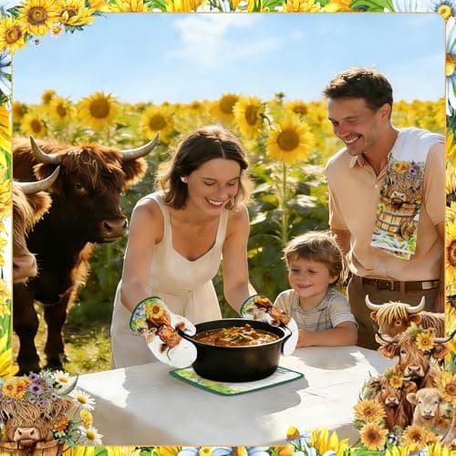 Vetoxka 8 PCS Highland Cow Kitchen Decor and Accessories - 4 Dish Towels Set 2 Oven Mitts and Pot Holders Sets for Cooking Baking Home Sweet Home Sunflower Cattle Watercolor Farmhome Housewarming Gift - Thumbnail 2