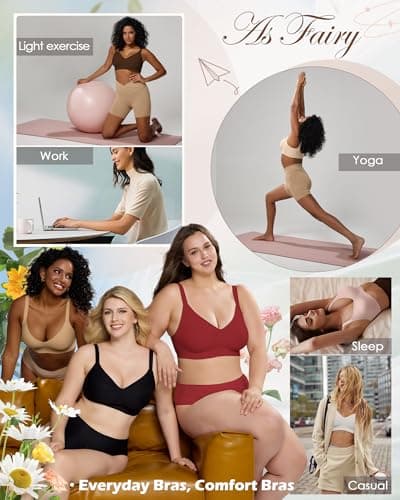 As Fairy Wireless Bras for Women T-Shirt Bra Seamless Comfort Bralettes with Soft Support & Lift for Everyday Wear Wine Red 32C - Thumbnail 6