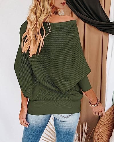 Zenlonr Women's Fall Winter Sweaters 2026 Casual Long Batwing Sleeve Loose Off Shoulder Knit Pullovers Jumper Tops(Army Green,Small) - Thumbnail 5