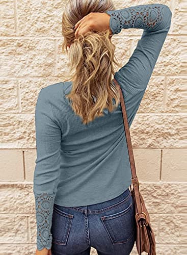 BTFBM Women Long Sleeve Shirts Solid Button V Neck Lace Sleeves Slim Fit Casual Fall Shirts 2025(Grey, XX-Large) - Thumbnail 5