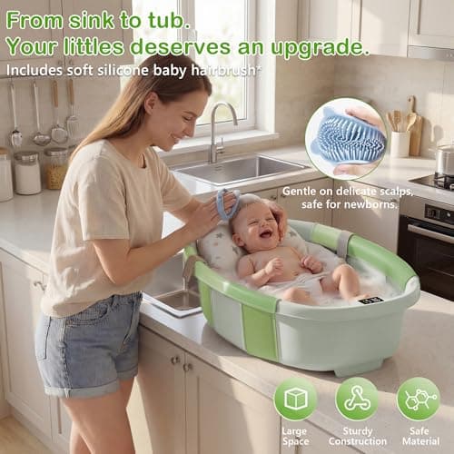 Collapsible Baby Bathtub - Large Baby Bath Tub with Thermometer | Bath Essential Bañera para Bebe Easy Fold Baby Tub | Travel Infant Newborn Toddler Bathtub for Baby Girl Boy 0 to 36 Months(Green) - Thumbnail 4