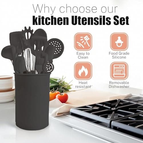 Silicone Kitchen Cooking Utensils Set with Stainless Steel Handle, Spatula Set Utensil Set, Cooking Utensil Set,Kitchen Tools Gadgets for Nonstick Cookware (35, Black) - Thumbnail 5