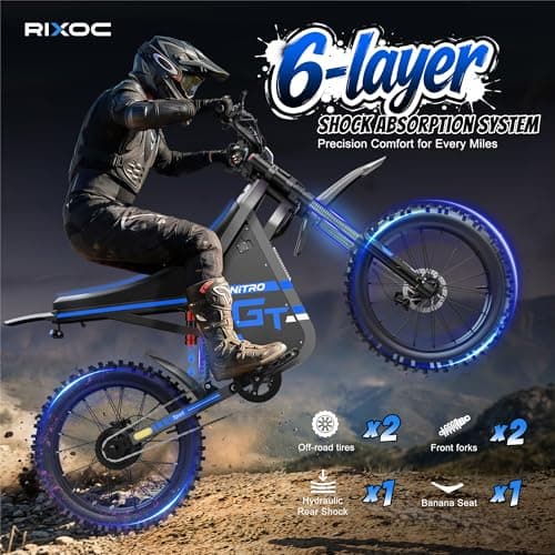 RIXOC GT19 Electric Dirt Bike for Adult,2500W Motor Peak 3000W,39MPH,52V 31.2Ah Removable Battery,62Mile Electric Motorcycle,19" Off-Road Tire E-Bike,Dual Hydraulic Brake, Full Suspension (Blue) - Thumbnail 5