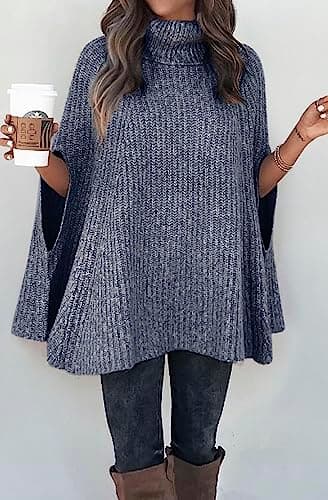 KIRUNDO Women's 2026 Fall Winter Turtleneck Poncho Sweater Fashion Chunky Knit Cape Wrap Sweaters Pullover Jumper Tops(Grey Blue, Medium) - Thumbnail 4
