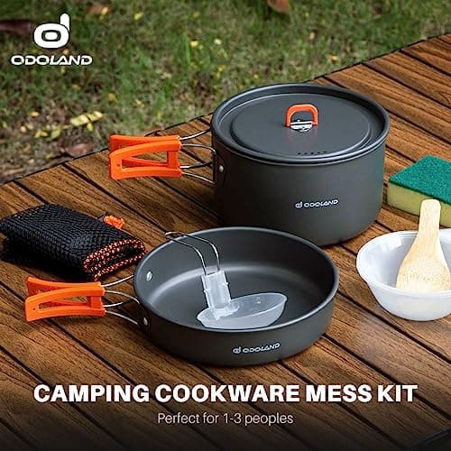 Odoland 9pcs Camping Cookware Non-Stick Lightweight Camping Pots and Pans Set with Plastic Bowls Soup Spoon for Camping, Backpacking, Outdoor Cooking and Picnic - Thumbnail 6