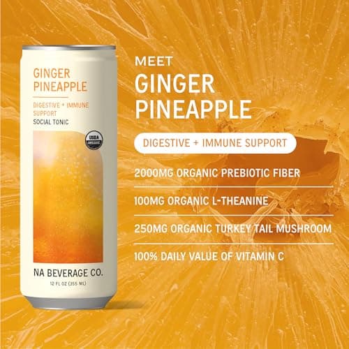 NA Beverage Social Tonic, Non-Alcoholic Functional Mocktails with 2000mg Prebiotic Fiber, Mushrooms & L-Theanine, Ginger Pineapple, 12oz Cans (12 Pack) - Thumbnail 3