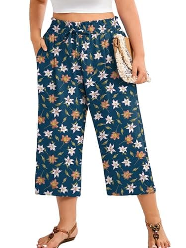 AusLook Plus Size Capri Wide Leg Pants for Women with Pockets High Waisted Elastic Drawstring Summer Casual Flowy Boho Vacation Beach Cropped Lily Orange Blossom 4X Trousers - Image 1