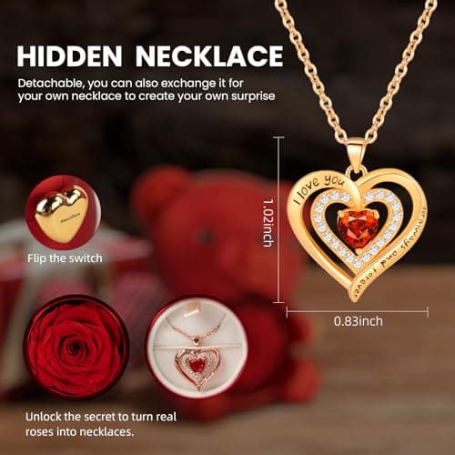 mountova Romantic Teddy Bear with Preserved Rose, Real Rose in Elegant Gift Box with Necklace for Women, Bear Roses Gifts for Mother's Day,Weddings,Valentine's Day,Anniversary,Birthday, Red - Thumbnail 6
