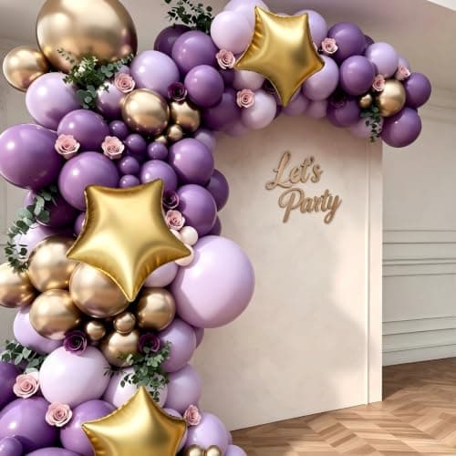 Purple and Gold Balloon Garland Arch Kit, Purple Light Purple Metallic Gold Balloons with Gold Star Foil Balloons for Lavender Butterfly Birthday Wedding Baby Shower Anniversary Party Decorations - Thumbnail 5