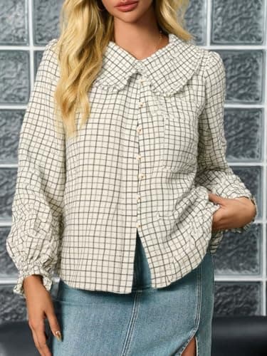 Tankaneo Womens Peter Pan Collar Button Down Shirts Long Sleeve Plaid Blouse Dressy Casual Fall Tops Beige - Thumbnail 3