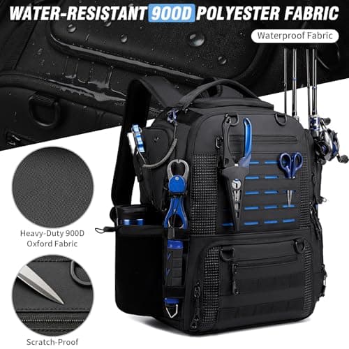 oinitiry Fishing Tackle Backpack with 2 Rod Holders, Multi-Pocket Tactical Bag with Bottle Holder, 50L Large Storage Bag for Fishing Gear and Equipment, Black - Thumbnail 4