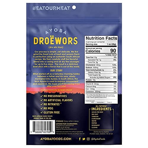 Ayoba Traditional Droewors Grass Fed Beef Paleo Sticks (4 Ounce, Pack of 1) - Keto Friendly, Air-Dried Beef Protein Snacks - Low Carb, Gluten Free, Nitrate Free, No Sugar, Meat Snacks - Thumbnail 2