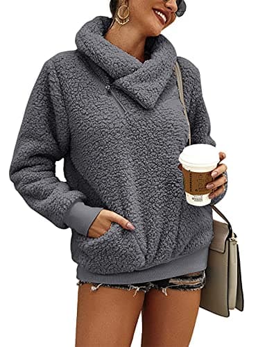 KIRUNDO Winter Clothing for Women Sherpa Pullover Fleece Zip Sweatshirt 2026 Fall Fashion Fuzzy Faux Shearling Warm Outwear(Large, Dark Grey) - Image 1