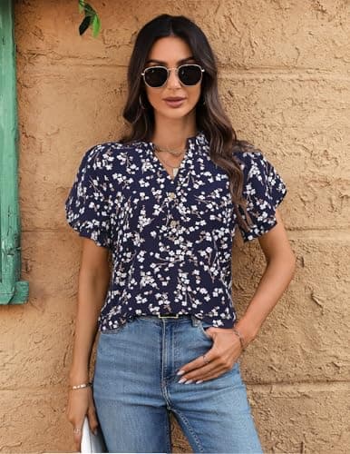 LOOKBOHO Womens Blouses Dressy Casual Chiffon Floral Tops Ruffle Short Sleeve V Neck Summer Loose Office Shirts Blue L - Thumbnail 2