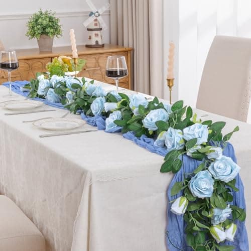 U'Artlines 3 Pack Artificial Blue Rose Vines Floral Garlands Total 19.5 Ft Fake Vine Silk Flower Garland for Indoor Outdoor Home Wedding Arch Garden Wall Decoration - Thumbnail 5