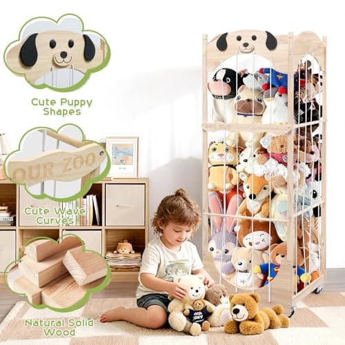 Stuffed Animal Storage & Organizer, Wooden Zoo Toy Holder with Cute Puppy Design, Large Plushies & Stuffy Storage with Elastic Cords, Kids Stuffed Animal Cage for Playroom, Bedroom, Nursery - Thumbnail 5
