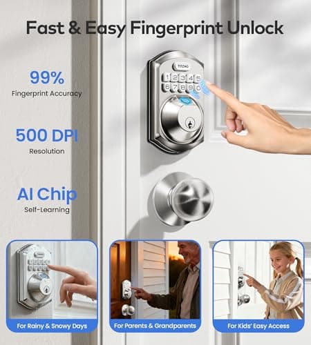 TEEHO TE012W-K WiFi Smart Keyless Entry Door Lock with Handle, Fingerprint Door Knob & Digital Keypad, APP Remote Control, Works with Alexa & Google, Electronic Deadbolt for Front Door, Satin Nickel - Thumbnail 5