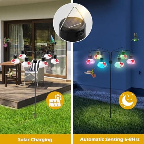 Pozfun Solar Hummingbird Feeders for Outdoors Decorative Hummingbird Feeders Stand 6 Feeding Stations Never Leak Garden Decor Backyard,Gifts for Women Mom - Thumbnail 3