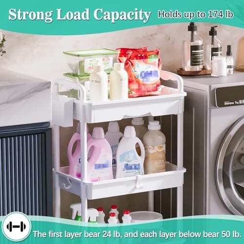 SUNALLY 3 Tier Rolling Cart with Drawer, Bathroom Storage Organizer with 2 Lockable Wheels, Multifunctional Rolling Storage Cart for Bathroom, Kitchen, Office, Craft, Makeup, Baby Essentials, White - Thumbnail 5