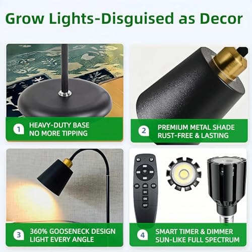 TheOneGrow Floor Lamp Grow Lights for Indoor Plants, Adjustable Height Tall Standing Plant Light with Remote & Timer, 360° Gooseneck, Full Spectrum Dimmable, Weighted Base - Thumbnail 2