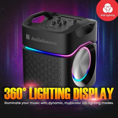 AudioSource 2.1 Channel Party Speaker with Built-in Subwoofer, 160W, RGB Light Modes, Portable Outdoor Karaoke Speaker, Bluetooth 5.3, Dual Mic Inputs, Ultra Bass Boost, Matte Black, AP40 - Thumbnail 6