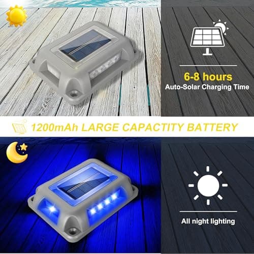 T-SUN Blue Solar Dock Lights, 12 Pack Aluminum Driveway Marker Lights, IP65 Waterproof 360° LED Poolside Edge Lighting for Boat Dock, Deck, Patio, Driveway - Thumbnail 2