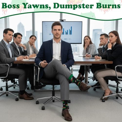 COZYMATE Funny Dumpster Fire Crew Socks for Men Novelty Socks for Cowokers Boss Office Gag Gifts (US, Alpha, One Size, Regular, Regular, Green&Black) - Thumbnail 5